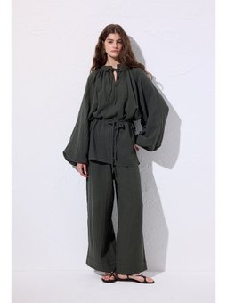 Müslin Bağlamalı Koyu Yeşil Bluz