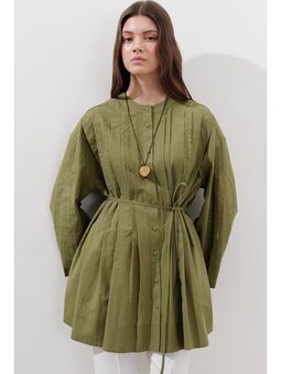 Nervürlü Geniş Kollu Yeşil Tunik