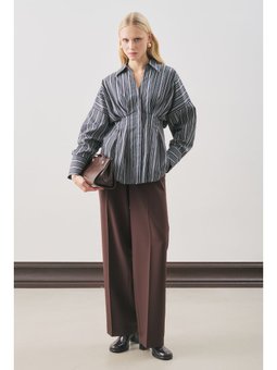 Pile Detaylı Gömlek Kahve Çizgili