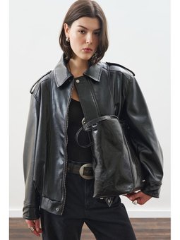 Retro Tarz Oversıze Deri Siyah Ceket