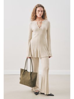 Volanlı Lastik Örgü Bej Pantolon