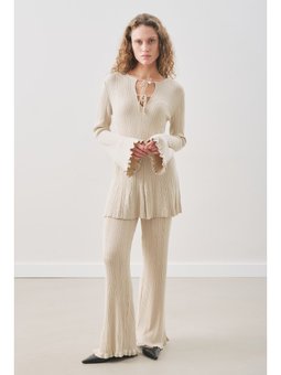 Volanlı Lastik Örgü Bej Tunik