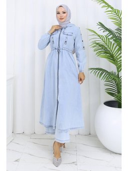 Kapüşonlu Beli Bağcıklı Buz Mavisi Kot Takım