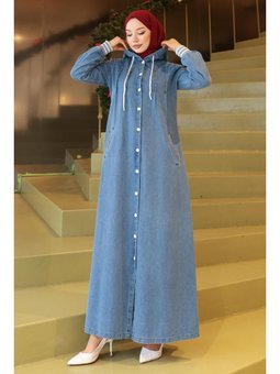 Kapüşonlu Ribanalı Kot Açık Mavi Ferace