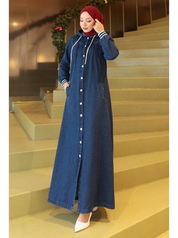 Kapüşonlu Ribanalı Kot Koyu Mavi Ferace