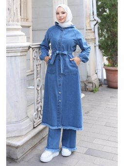 Püskül Detaylı Açık Mavi Kot Takım
