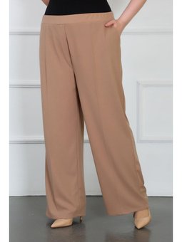 Tam Likralı Scuba Krep Kumaş Rahat Kalıp Bol Paça Taba Pantolon