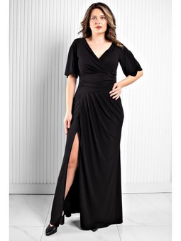 Dökümlü Sandy Siyah Abiye Elbise