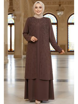 Boncuk İşlemeli Kahverengi Abaya 29119kh