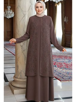 Boncuk İşlemeli Koyu Vizon Abaya 29121kv