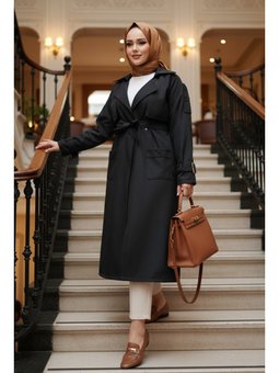 Kemerli Siyah Trençkot 10701s