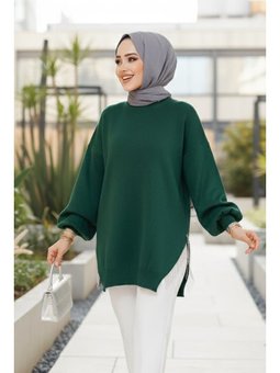 Zincir Detaylı Zümrüt Yeşili Kazak Tunik 17202zy