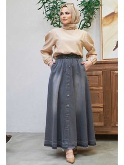 Denim Mevlana Düğmeli Etek Koyu Gri