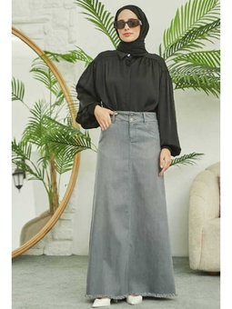 Denim Püsküllü Etek Gri