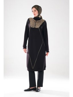 2287_ Fermuarlı Dik Yakalı Uzun Kollu Altın Pul Payet Ve Dikiş Detaylı Tunik Elbise