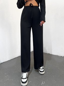 Bağcık Detaylı Salaş Fitilli Siyah Pantolon