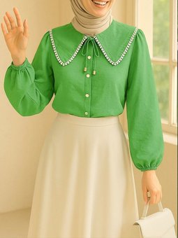 Bebe Yaka Dantelli Kolu Lastikli Yeşil Gömlek