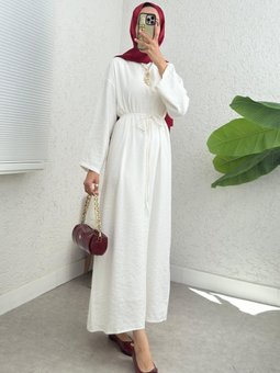 Beli Bağlamalı Arkası Fermuarlı Keten Ekru Elbise