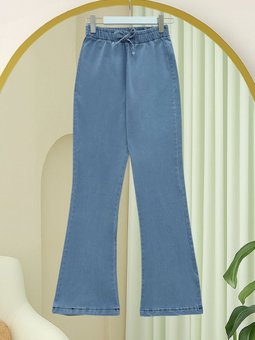 Beli Lastikli Bağcık Detaylı İspanyol Paça Buz Mavi Kot Pantolon