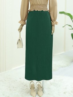 Beli Lastikli Pliseli Kalem Zümrüt Yeşili Etek
