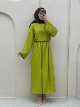 Bisiklet Yaka Bluz Etek Keten F.yeşili Takım