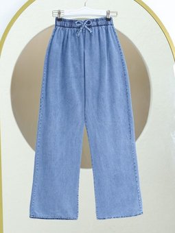 Bol Paça Beli Lastikli Bağcık Detaylı Mavi Kot Pantolon