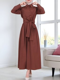 Çapraz Düğmeli Beli Bağlamalı Yaka Kahve Gömlek Elbise