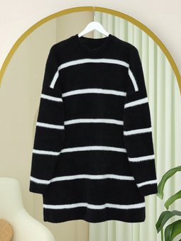 Çizgili Salaş Sakallı Triko Siyah Tunik