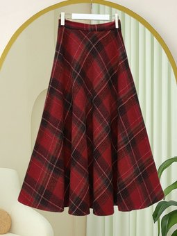 Ekose Desenli Yanı Fermuarlı Kaşe Çan Bordo Etek