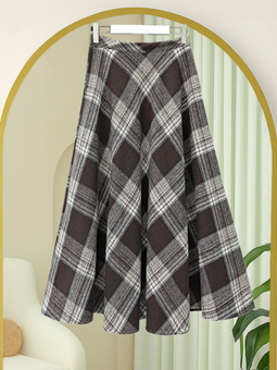 Ekose Desenli Yanı Fermuarlı Kaşe Çan Kahve Etek