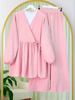 İçten Bağlamalı Tunik Bol Paça Pantolonlu Pembe Takım