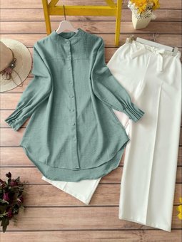 Kol Manşeti Drapeli Oval Kesim Mint Gömlek