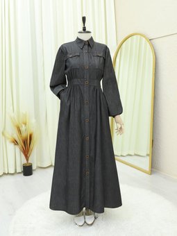 Kolu Lastikli Boydan Düğmeli Çift Cepli Kot Antrasit Elbise