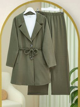 Kruvaze Yaka Çift Bağcıklı Ceket Pantolon Haki Takım