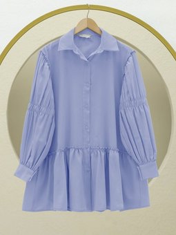 Mavi Koldan Büzgülü Fırfır Detaylı Gömlek