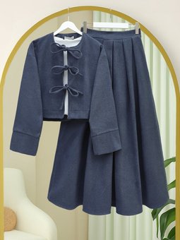 Önü Bağcıklı Etekli Kaşe İndigo Takım