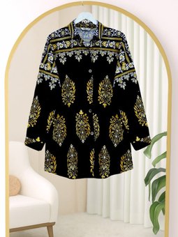 Oval Kesim Boydan Düğmeli Viskon Siyah Tunik