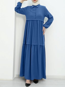 Parçalı Yarım Düğmeli Kolu Lastikli Mavi Elbise