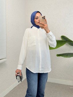 Tek Cepli Düğmeli Keten Beyaz Gömlek