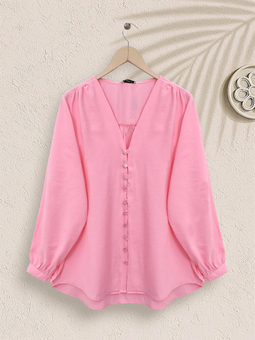 V Yaka Düğmeli Arkası Uzun Pembe Gömlek