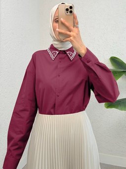 Yakası Taş Detaylı Düğmeli Salaş Bordo Gömlek