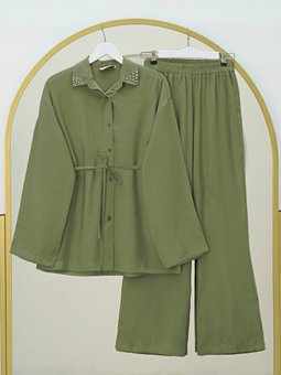 Yakası Taşlı Belden Bağlamalı Pantolonlu Haki Takım