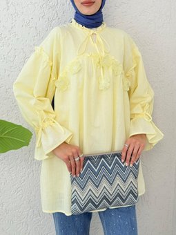 Yakası Ve Kolları Bağlamalı Önü Çiçek Detaylı Ham Keten Açık Sarı Gömlek