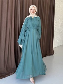 Yanları Fırfırlı Kolu Volanlı Bağcıklı Şifon Mint Elbise