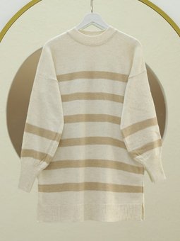 Yuvarlak Yaka Yırtmaçlı Triko Açık Vizon Tunik