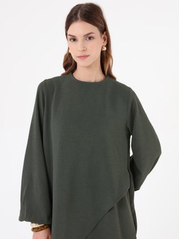 Asimetrik Kesim Balon Kollu Basic Haki Takım