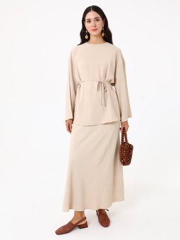 Beli Bağlama Detaylı Tunik Etek İkili Tas Rengi Takım