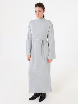 Beli Bağlamalı Yarım Balıkçı Yaka Triko Gri Elbise