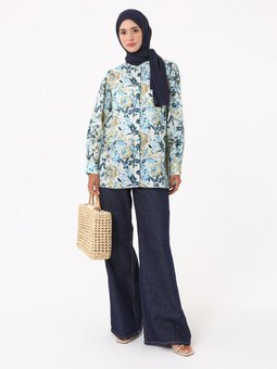 Çiçek Baskılı Vual Mavi Tunik
