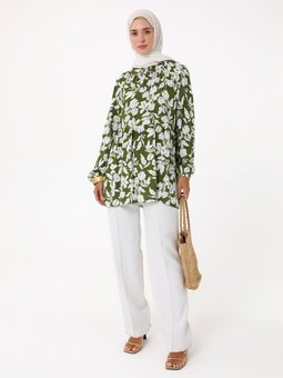 Çiçek Baskılı Vual Yeşil Tunik